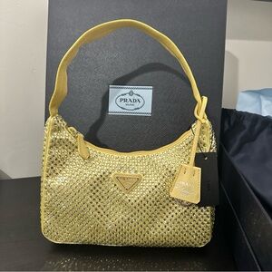 PRADA Re-Edition 2000 Yellow Crystal Nylon Shoulder Top Handle Mini Hobo Bag NWB